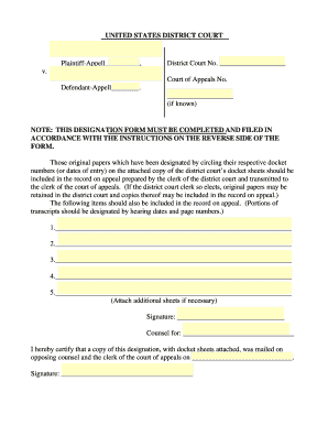 US Court of Appeals Designation of Record Form