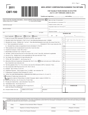 New Jersey Corporation Business Tax Return