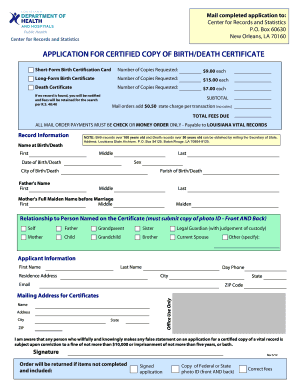 Louisiana Birth/Death Certificate Application