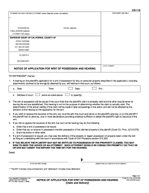 Notice of Application for Writ of Possession and Hearing