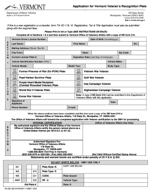 Vermont Veteran’s Recognition Plate Application