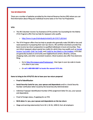 IRS VITA Tax Assistance Information