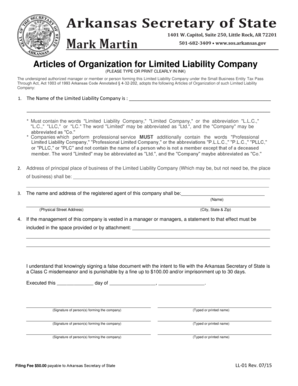 Arkansas Articles of Organization for Limited Liability Company