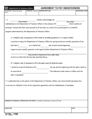 Fillable Va Form 1100 Agreement To Pay Indebtedness Fillable Va Form 1100