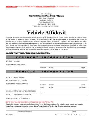 Vehicle Affidavit for Residential Permit Parking