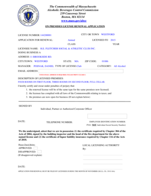 Massachusetts On Premises License Renewal Application