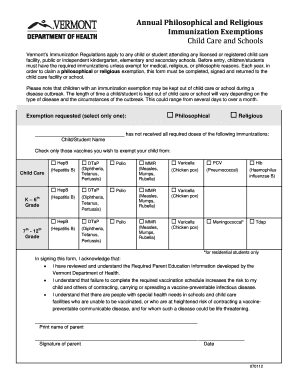 Vermont Philosophical and Religious Immunization Exemption Form