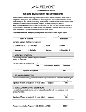 Vermont School Immunization Exemption Form