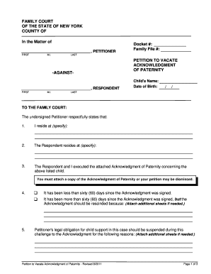 Petition to Vacate Acknowledgment of Paternity