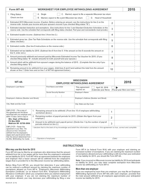 Wisconsin Employee Withholding Agreement Form WT-4A 2015