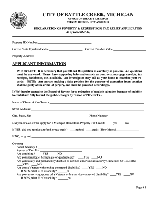 Declaration of Poverty and Request for Tax Relief Application