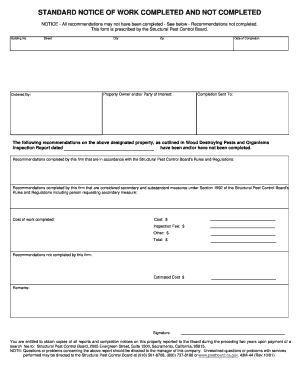 Standard Notice of Work Completed and Not Completed