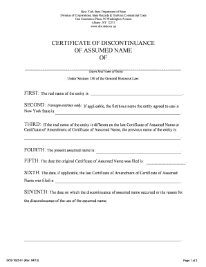 New York Certificate of Discontinuance of Assumed Name