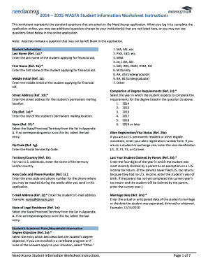 WASFA Student Information Worksheet