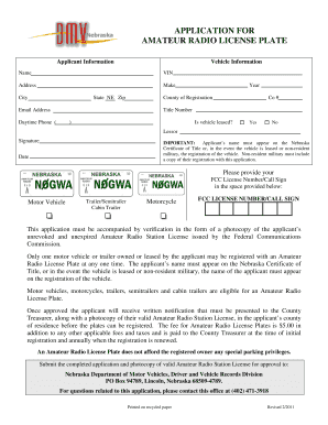 Nebraska Amateur Radio License Plate Application
