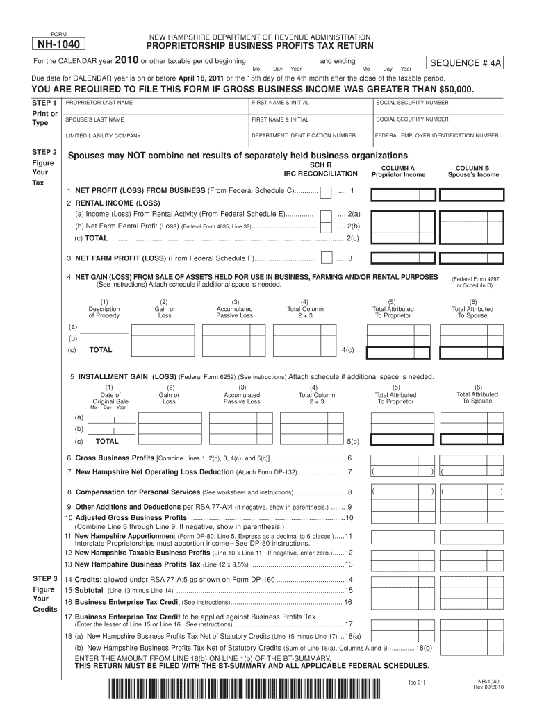 Fillable Online revenue nh FORM NEW HAMPSHIRE DEPARTMENT OF REVENUE