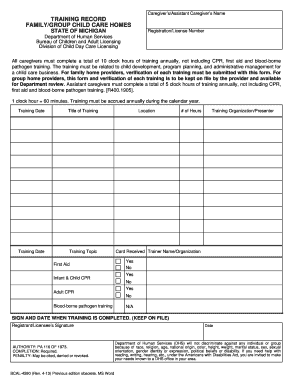 Michigan Child Care Training Record Form