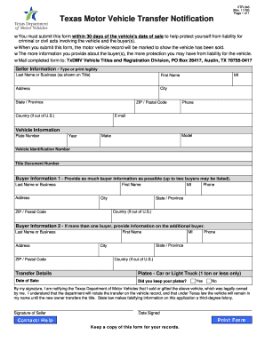 Texas Motor Vehicle Transfer Notification