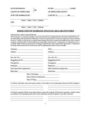 Indiana Dissolution of Marriage Financial Declaration Form