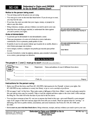 California Defendant’s Claim and ORDER to Go to Small Claims Court