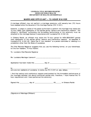 Louisiana Marriage License 72-Hour Waiver