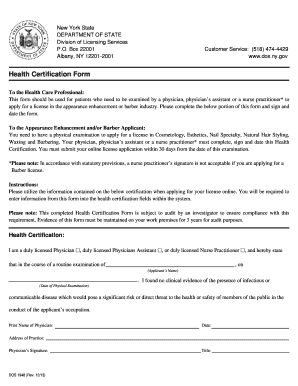 New York Health Certification Form for Licensing