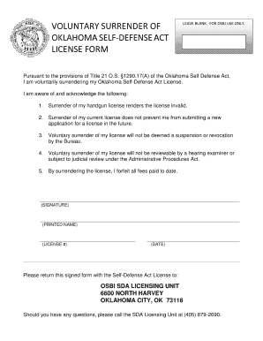 Oklahoma Self-Defense Act License Surrender Form