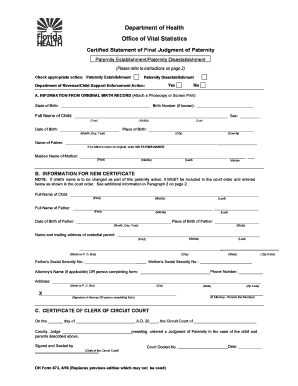 Florida Certified Statement of Final Judgment of Paternity