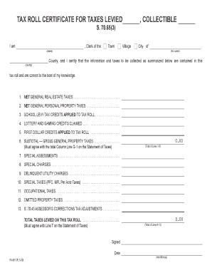 Tax Roll Certificate for Taxes Levied
