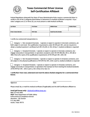 Texas Commercial Driver License Self-Certification Affidavit