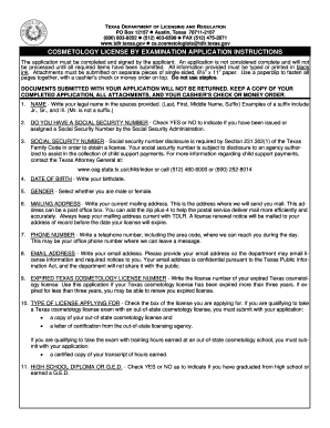 Texas Cosmetology License by Examination Application