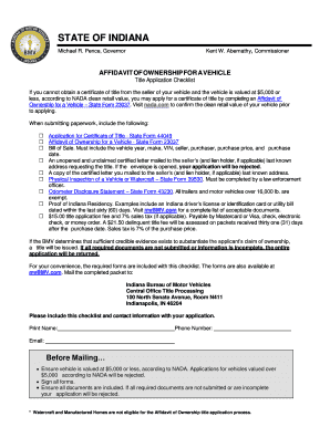 Indiana Affidavit of Ownership for a Vehicle