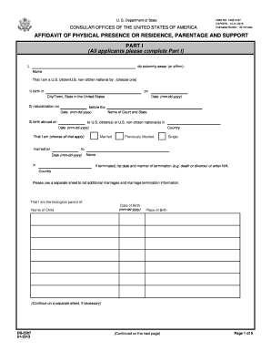 Affidavit of Physical Presence or Residence, Parentage and Support