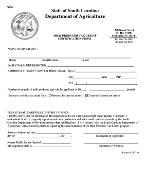 South Carolina Milk Producer Tax Credit Certification Form