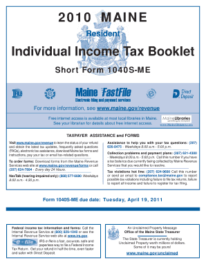 Maine Resident Individual Income Tax Booklet Short Form 1040S-ME
