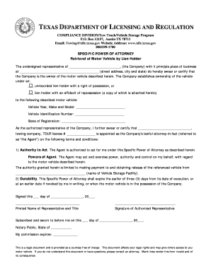 Texas Specific Power of Attorney for Vehicle Retrieval