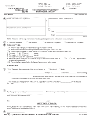Order Regarding Payment Plan/Discharge of Arrears