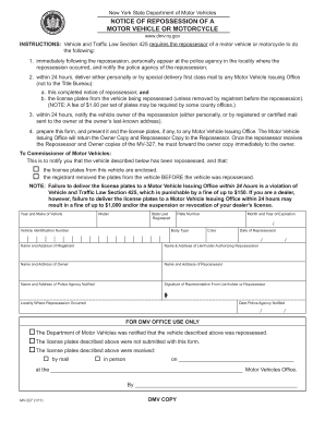 New York State Notice of Repossession of a Motor Vehicle or Motorcycle