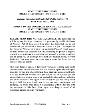 Illinois Statutory Short Form Power of Attorney for Health Care