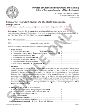 Tennessee Charitable Organization Financial Summary Form