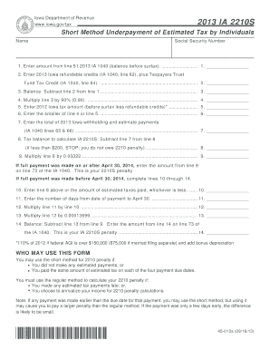 Iowa 2210S Short Method Underpayment of Estimated Tax