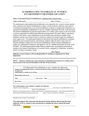 Texas Authorization to Embalm Form