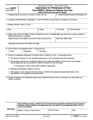 IRS Form 12277 Application for Withdrawal of Filed Form 668(Y)