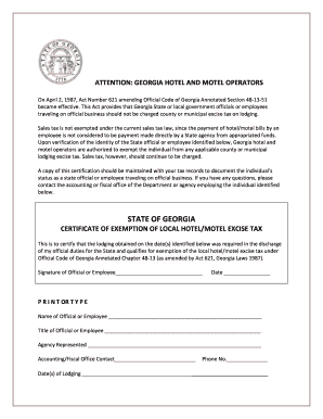 Georgia Hotel/Motel Tax Exemption Certificate