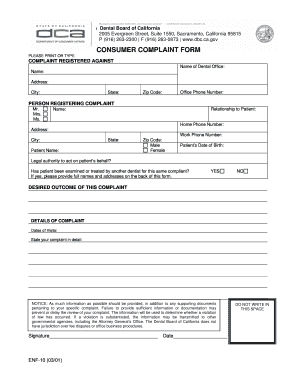 Dental Board of California Consumer Complaint Form