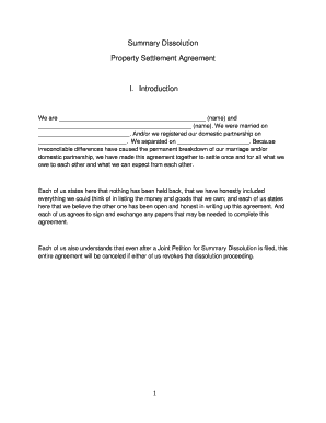 Property Settlement Agreement for Summary Dissolution
