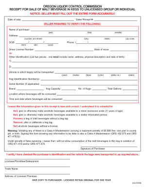 Oregon Malt Beverage Keg Sale Receipt