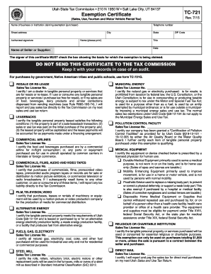 Utah Exemption Certificate TC-721