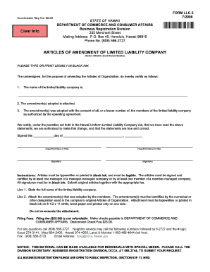 Hawaii Articles of Amendment for LLC