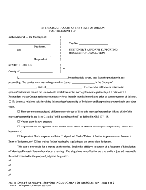 Oregon Petitioner's Affidavit Supporting Judgment of Dissolution